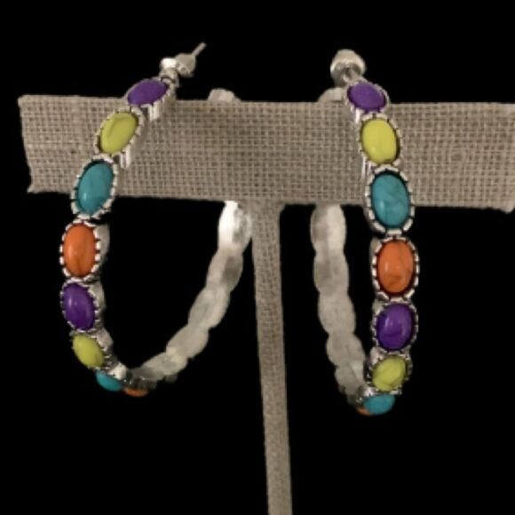 Southwest Style Hoop Earrings – Colorful Cabochons in Hopi Zuni Navajo Tones - Picture 4 of 6